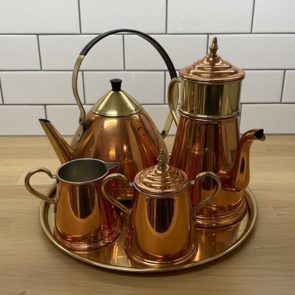 Vintage Daalderop KMD Tiel Copper Brass Tea Coffee Set Holland 5 Piece with Tray